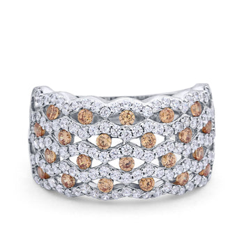 Wide Band Half Eternity Ring Round Simulated Champagne CZ 925 Sterling Silver